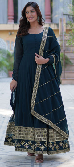 Blue color Gown in Faux Georgette fabric with Embroidered, Sequence, Thread work