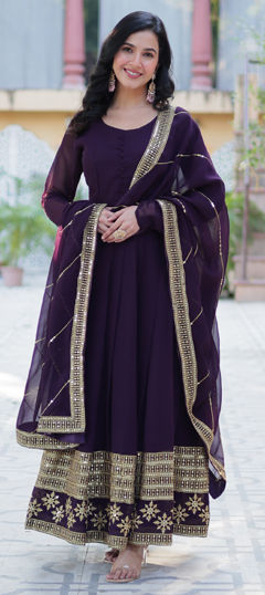 Purple and Violet color Gown in Faux Georgette fabric with Embroidered, Sequence, Thread work