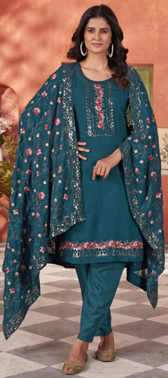 Blue color Salwar Kameez in Georgette fabric with Embroidered, Sequence, Thread work