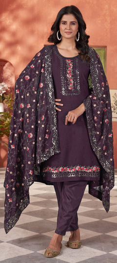 Purple and Violet color Salwar Kameez in Georgette fabric with Embroidered, Sequence, Thread work