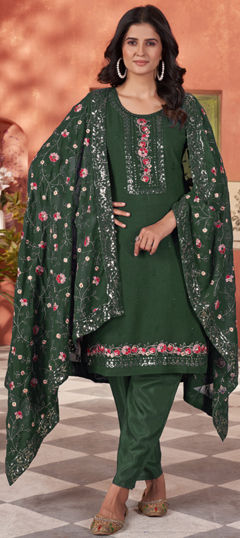 Green color Salwar Kameez in Georgette fabric with Embroidered, Sequence, Thread work