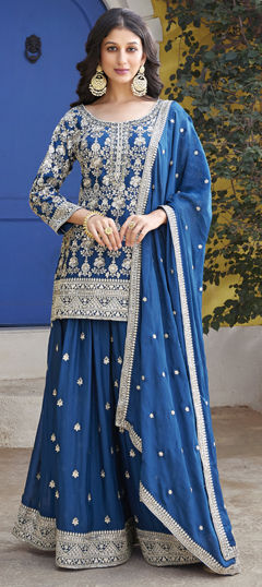 Blue color Salwar Kameez in Georgette fabric with Embroidered, Sequence, Thread, Zari work