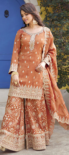 Orange color Salwar Kameez in Silk fabric with Embroidered, Sequence, Thread, Zari work