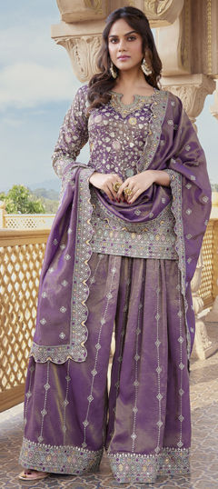 Purple and Violet color Salwar Kameez in Silk fabric with Embroidered, Sequence, Thread, Zari work