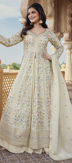 White and Off White color Salwar Kameez in Silk fabric with Embroidered, Sequence, Thread work