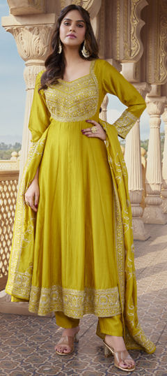 Gold color Salwar Kameez in Silk fabric with Embroidered, Sequence, Thread, Zari work