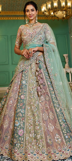 Blue color Lehenga in Net fabric with Bugle Beads, Embroidered, Gota Patti, Stone work