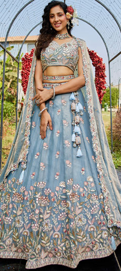 Blue color Lehenga in Net fabric with Bugle Beads, Embroidered, Sequence, Stone, Thread work