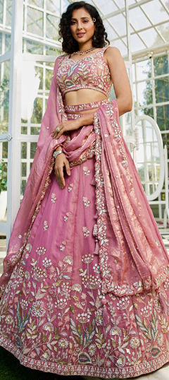 Pink and Majenta color Lehenga in Net fabric with Bugle Beads, Embroidered, Sequence, Thread work