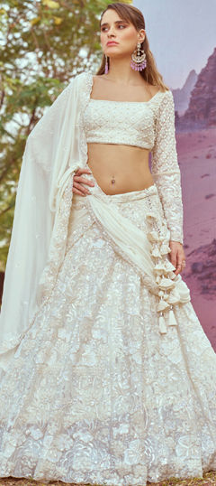 White and Off White color Lehenga in Georgette fabric with Bugle Beads, Embroidered, Sequence, Stone, Thread work