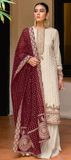 Beige and Brown color Salwar Kameez in Faux Georgette fabric with Embroidered, Thread, Zari work