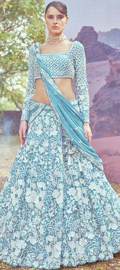 Blue color Lehenga in Georgette fabric with Bugle Beads, Embroidered, Sequence, Thread work