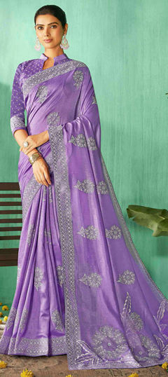 Purple and Violet color Saree in Silk fabric with Printed work