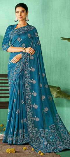 Blue color Saree in Silk fabric with Printed work