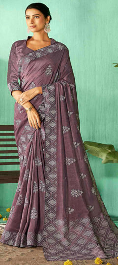 Beige and Brown color Saree in Silk fabric with Printed work