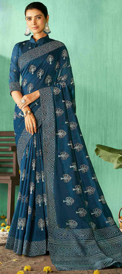 Blue color Saree in Silk fabric with Printed work