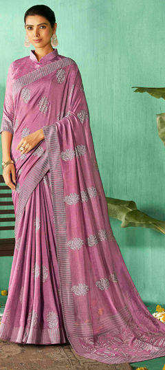 Pink and Majenta color Saree in Silk fabric with Printed work