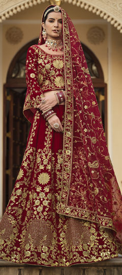 Red and Maroon color Lehenga in Velvet fabric with Embroidered, Mirror, Sequence, Stone, Thread, Zari work