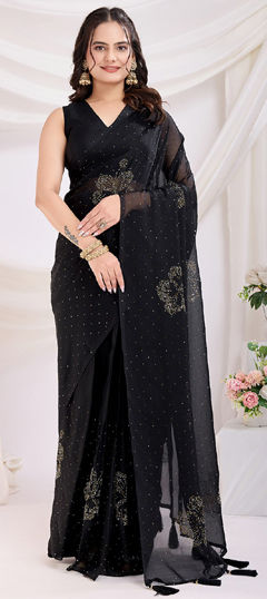 Black and Grey color Readymade Saree in Art Silk fabric with Fancy Work work