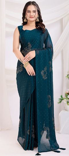 Blue color Readymade Saree in Art Silk fabric with Fancy Work work