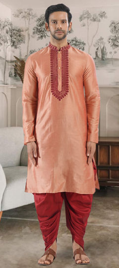 Orange color Dhoti Kurta in Art Silk fabric with Embroidered, Resham, Thread work