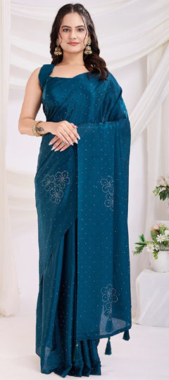 Blue color Readymade Saree in Art Silk fabric with Fancy Work work