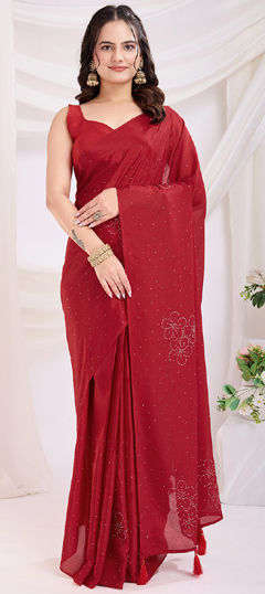 Red and Maroon color Readymade Saree in Art Silk fabric with Fancy Work work