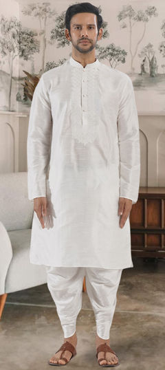 White and Off White color Dhoti Kurta in Art Silk fabric with Embroidered, Resham, Thread work