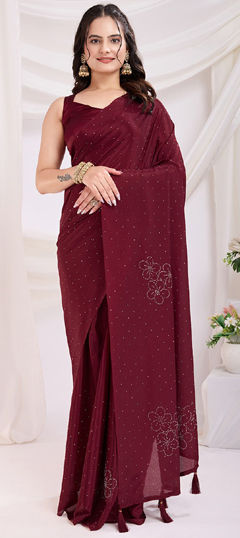 Red and Maroon color Readymade Saree in Art Silk fabric with Fancy Work work