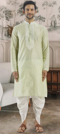 Green color Dhoti Kurta in Art Silk fabric with Embroidered, Resham, Thread work