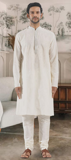 White and Off White color Kurta Pyjamas in Art Silk fabric with Embroidered, Resham, Thread work