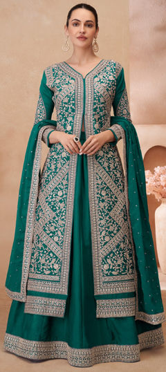 Green color Long Lehenga Choli in Silk fabric with Embroidered, Sequence, Thread, Zari work