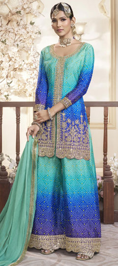 Blue, Green color Salwar Kameez in Silk fabric with Bandhej, Digital Print, Embroidered, Sequence work