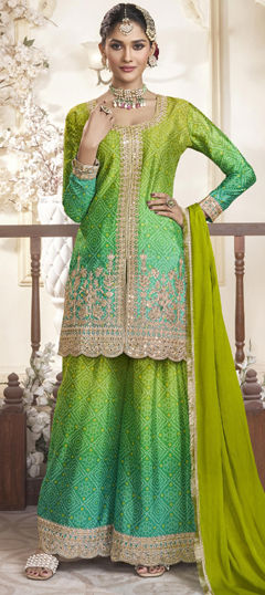 Green color Salwar Kameez in Silk fabric with Bandhej, Digital Print, Embroidered, Sequence work