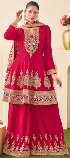 Pink and Majenta color Salwar Kameez in Silk fabric with Embroidered, Thread, Zari work