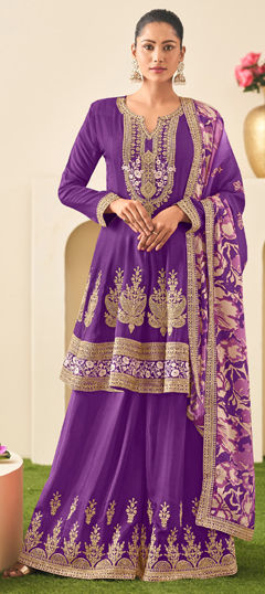 Purple and Violet color Salwar Kameez in Silk fabric with Embroidered, Thread, Zari work