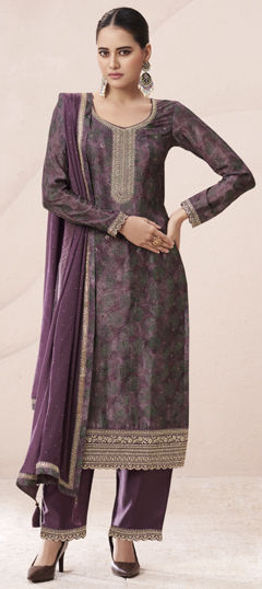 Purple and Violet color Salwar Kameez in Silk fabric with Digital Print, Embroidered, Sequence, Zari work