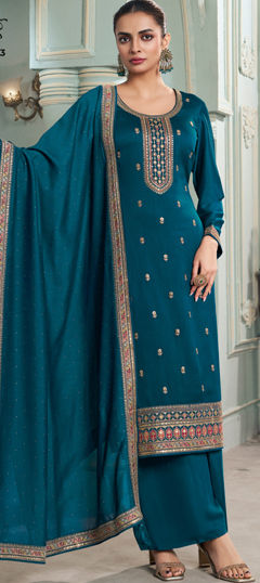 Blue color Salwar Kameez in Georgette fabric with Embroidered, Sequence, Thread, Zari work