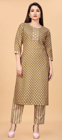 Beige and Brown color Salwar Kameez in Cotton fabric with Printed work