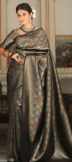 Black and Grey color Saree in Art Silk fabric with Weaving, Zari work