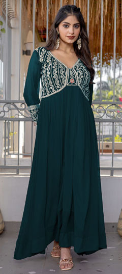 Green color Gown in Faux Georgette fabric with Embroidered, Sequence, Thread work