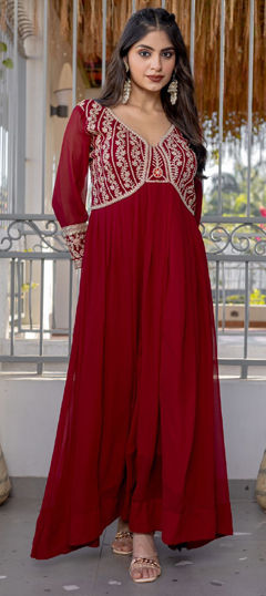 Red and Maroon color Gown in Faux Georgette fabric with Embroidered, Sequence, Thread work