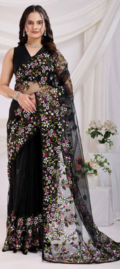 Black and Grey color Saree in Net fabric with Embroidered, Resham work