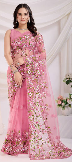 Pink and Majenta color Saree in Net fabric with Embroidered, Resham, Thread work