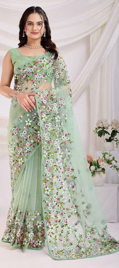 Green color Saree in Net fabric with Embroidered, Resham, Thread work