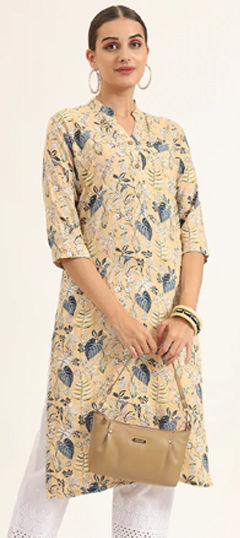 Beige and Brown color Kurti in Rayon fabric with Floral, Printed work