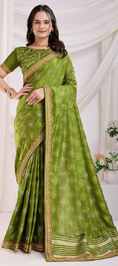 Green color Saree in Art Silk fabric with Bandhej, Embroidered, Printed, Thread work