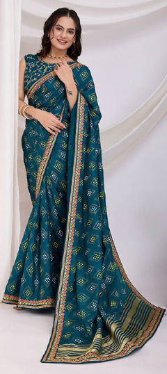 Blue color Saree in Art Silk fabric with Bandhej, Embroidered, Printed, Thread work