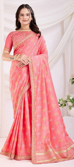 Pink and Majenta color Saree in Art Silk fabric with Bandhej, Embroidered, Printed, Thread work