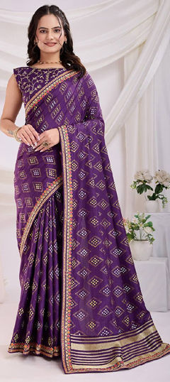 Purple and Violet color Saree in Art Silk fabric with Bandhej, Embroidered, Printed, Thread work